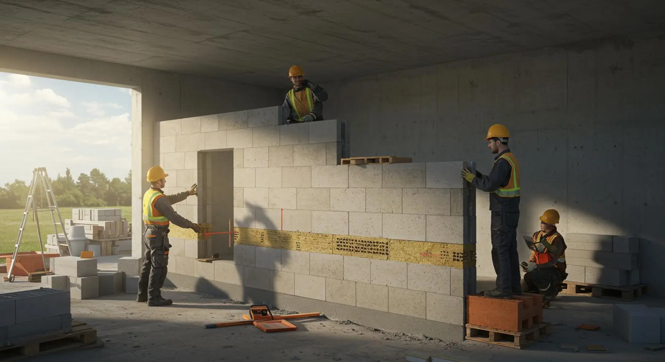 Construction détaillée d'un mur isolé par des ouvriers experts en plein travail.