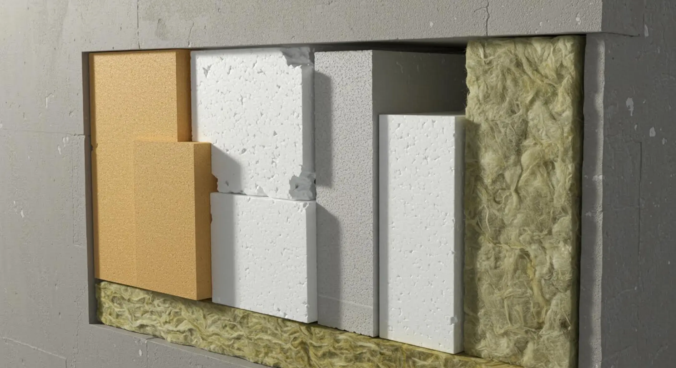 Section de mur de bâtiment montrant différents isolants : mousse phénolique, polystyrène, polyuréthane, laine minérale.