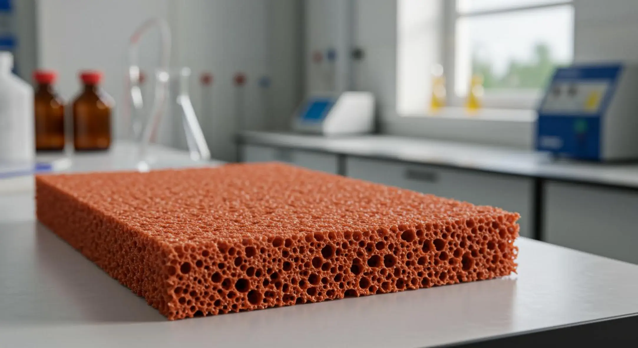 Mousse phénolique rouge-brun sur un banc de laboratoire, avec structure cellulaire visible.