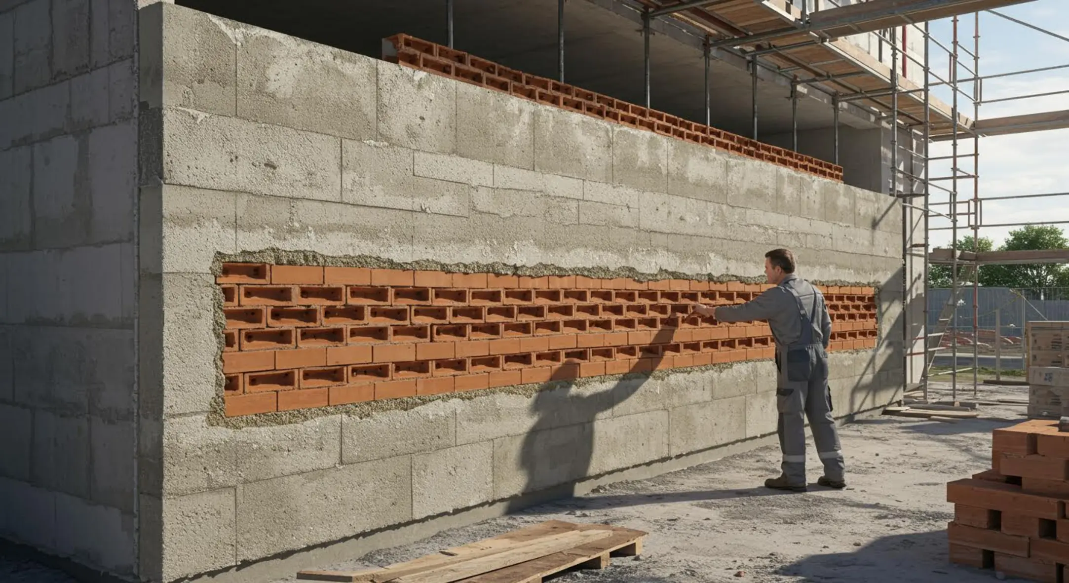 Professionnel du bâtiment examinant une façade innovante en béton cellulaire et briques sur un chantier.
