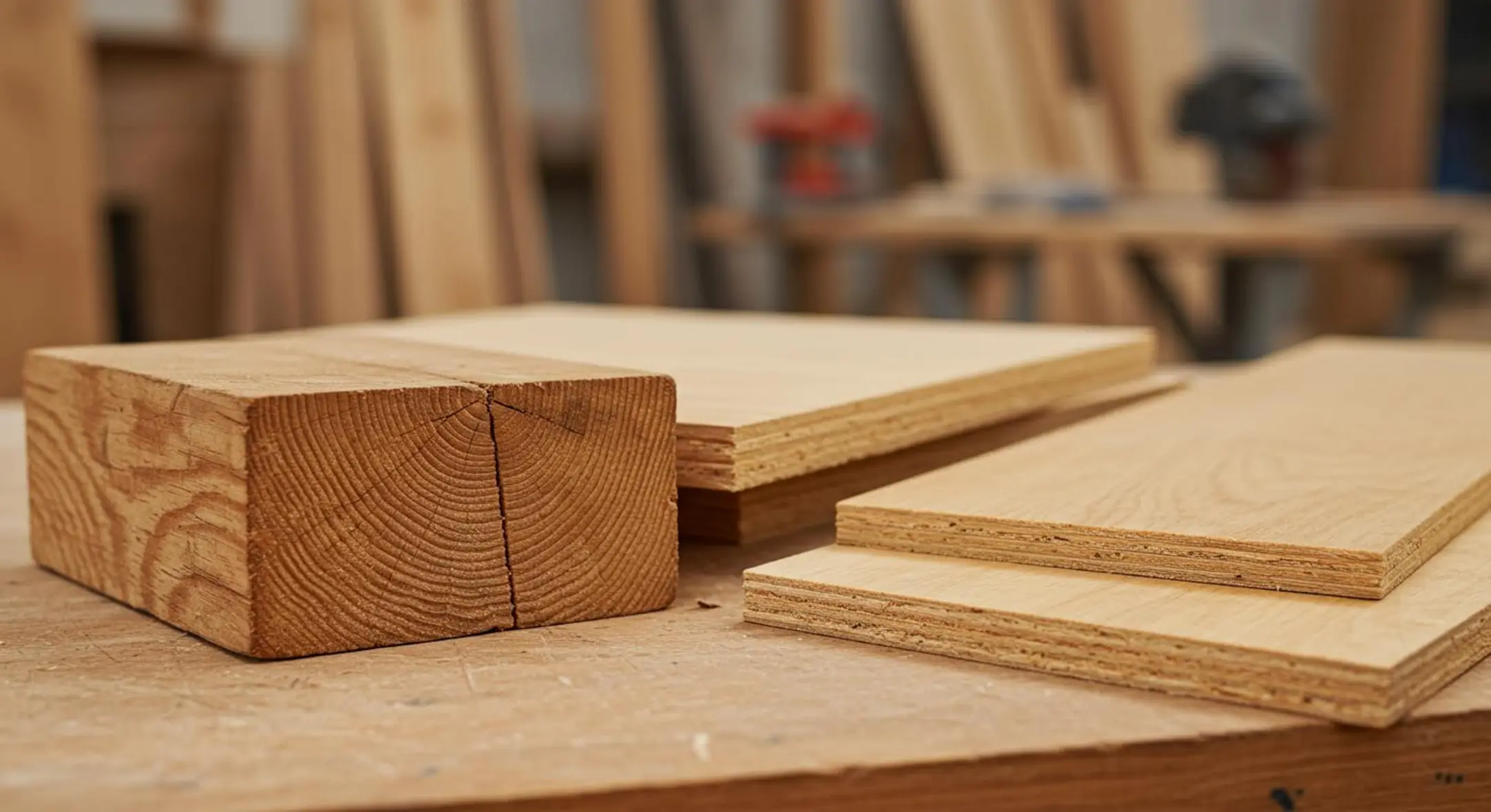 Trois types de bois de construction sur une table en bois, éclairés par une lumière douce.