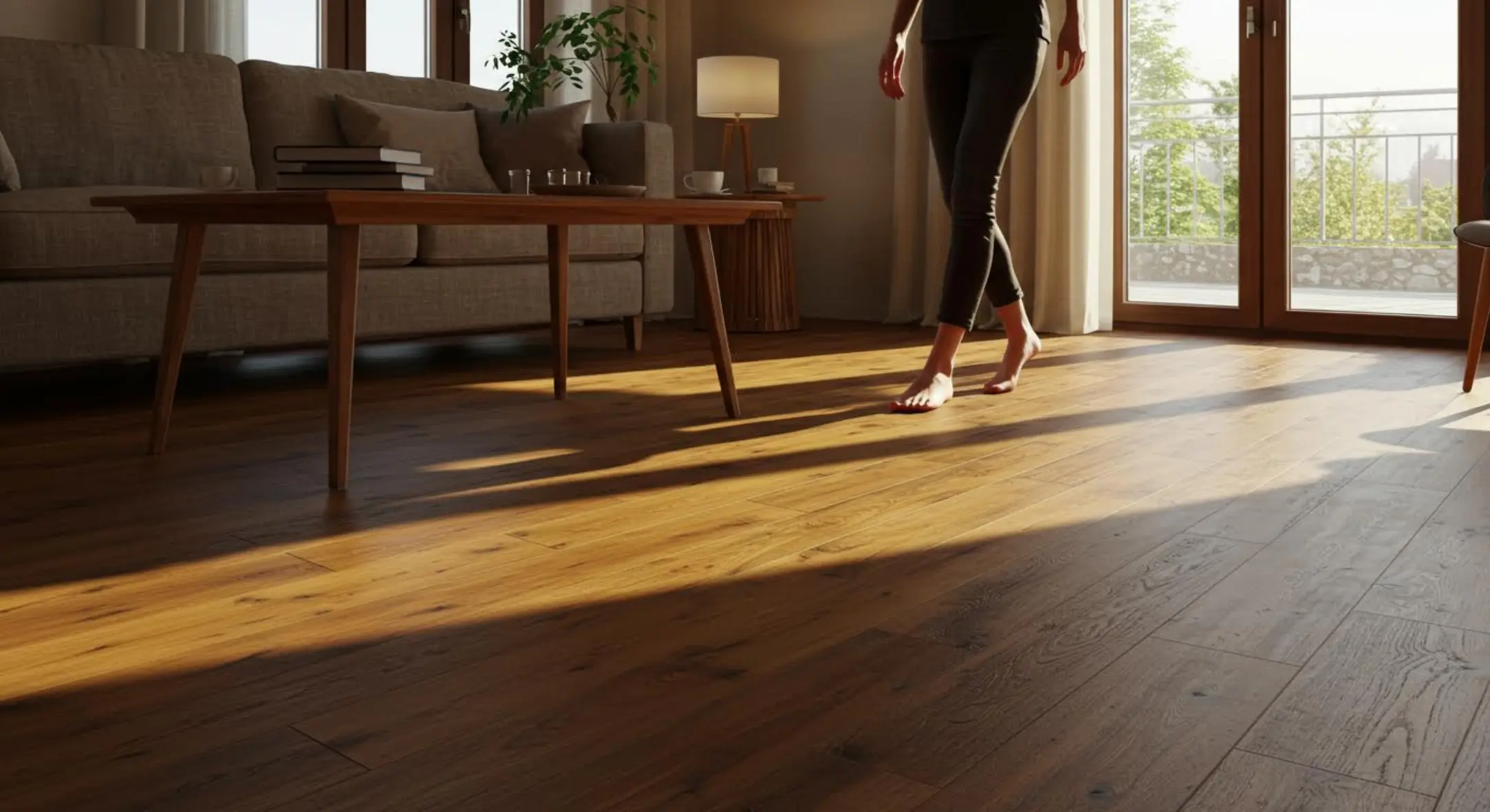 Intérieur cosy avec plancher en bois et lumière douce, personne marchant pieds nus.