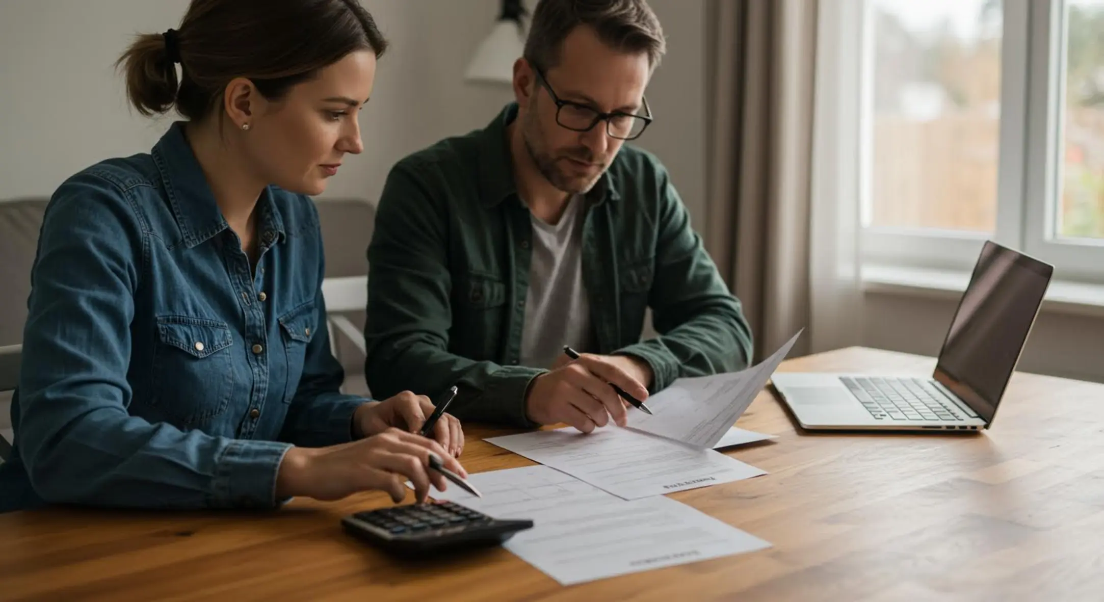 Couple examinant des documents financiers dans un salon moderne.