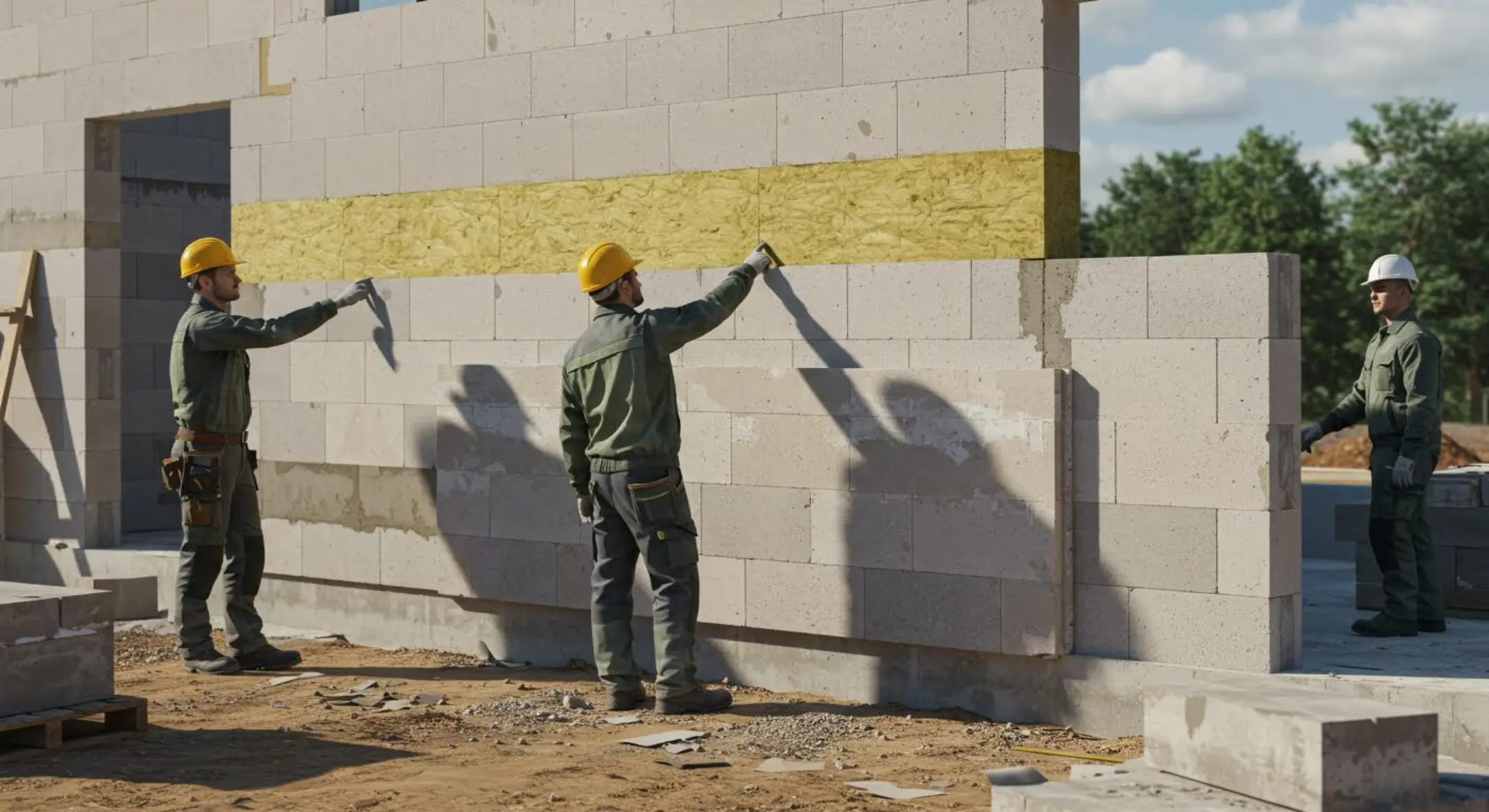 Chantier de construction moderne avec ouvriers inspectant des panneaux isolants.
