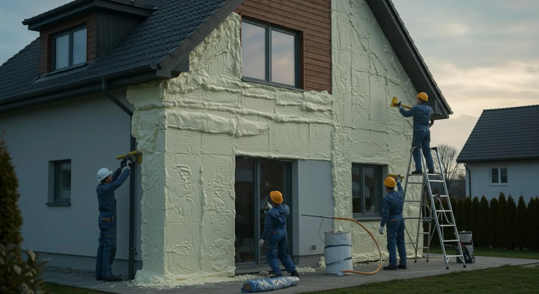 Professionnels appliquant une isolation thermique extérieure sur une maison moderne.