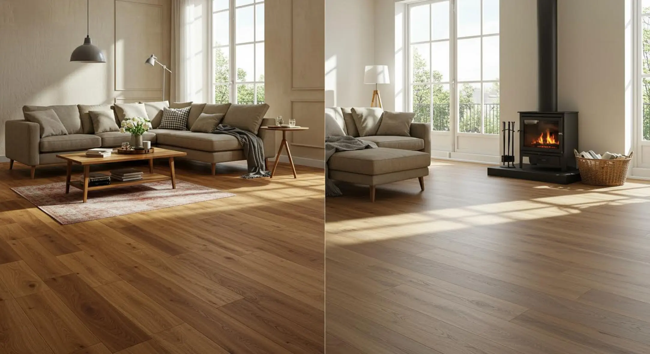 Salon spacieux éclairé par le soleil avec deux styles de parquets en bois distincts.
