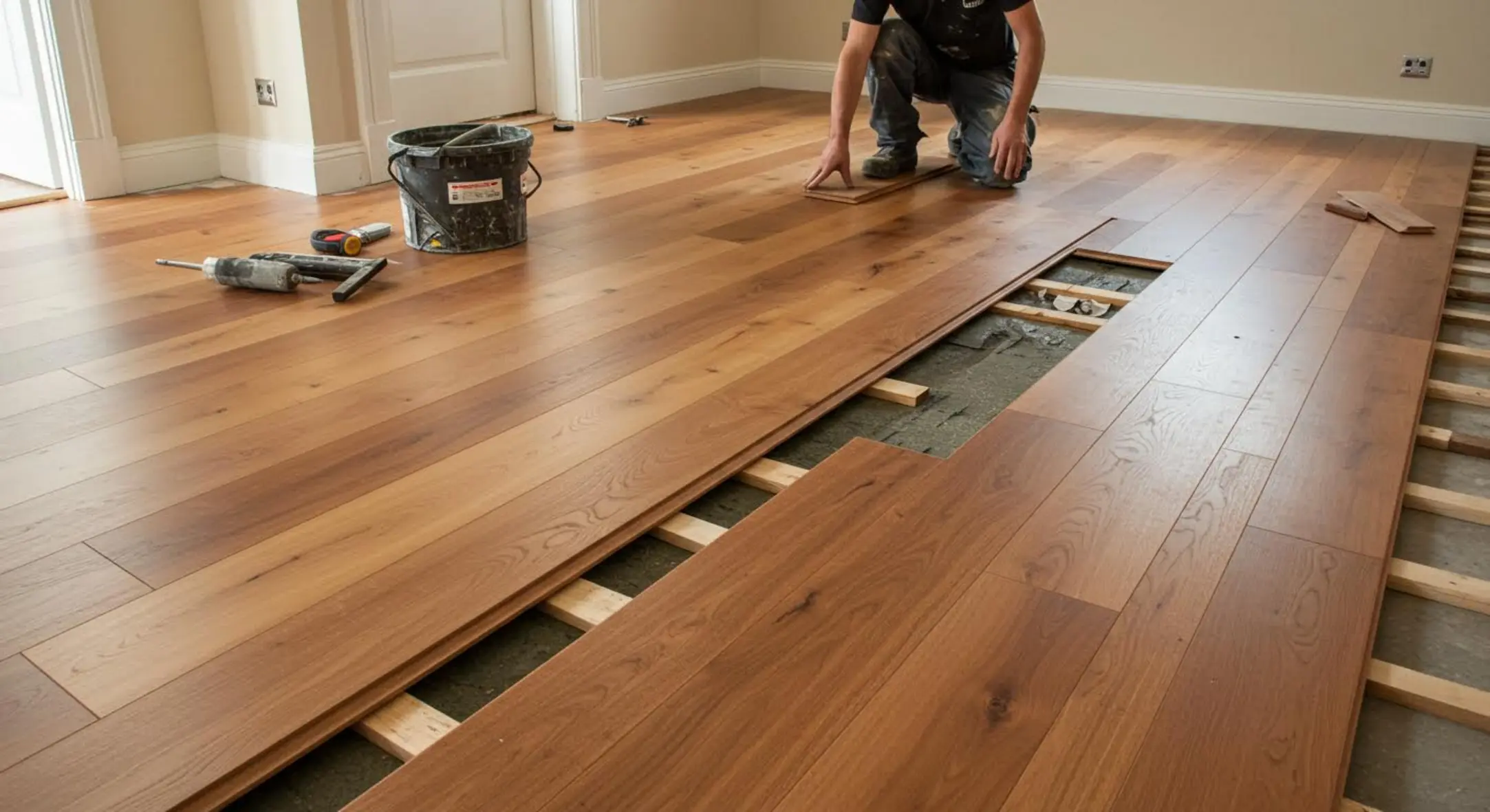Artisan installant divers types de planchers en bois lors d'une rénovation