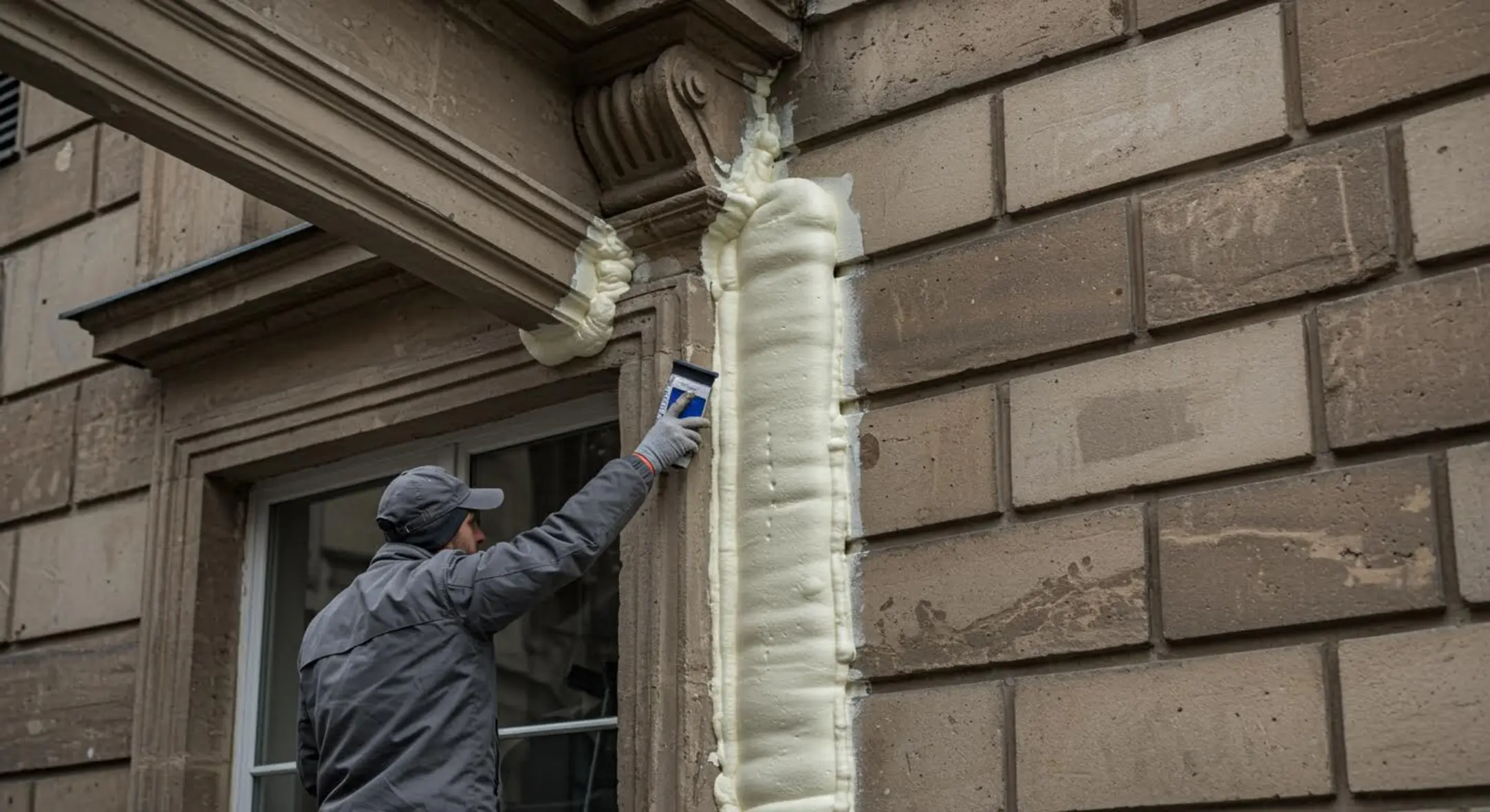Artisan appliquant une isolation moderne sur façade classique, éclairé naturellement.