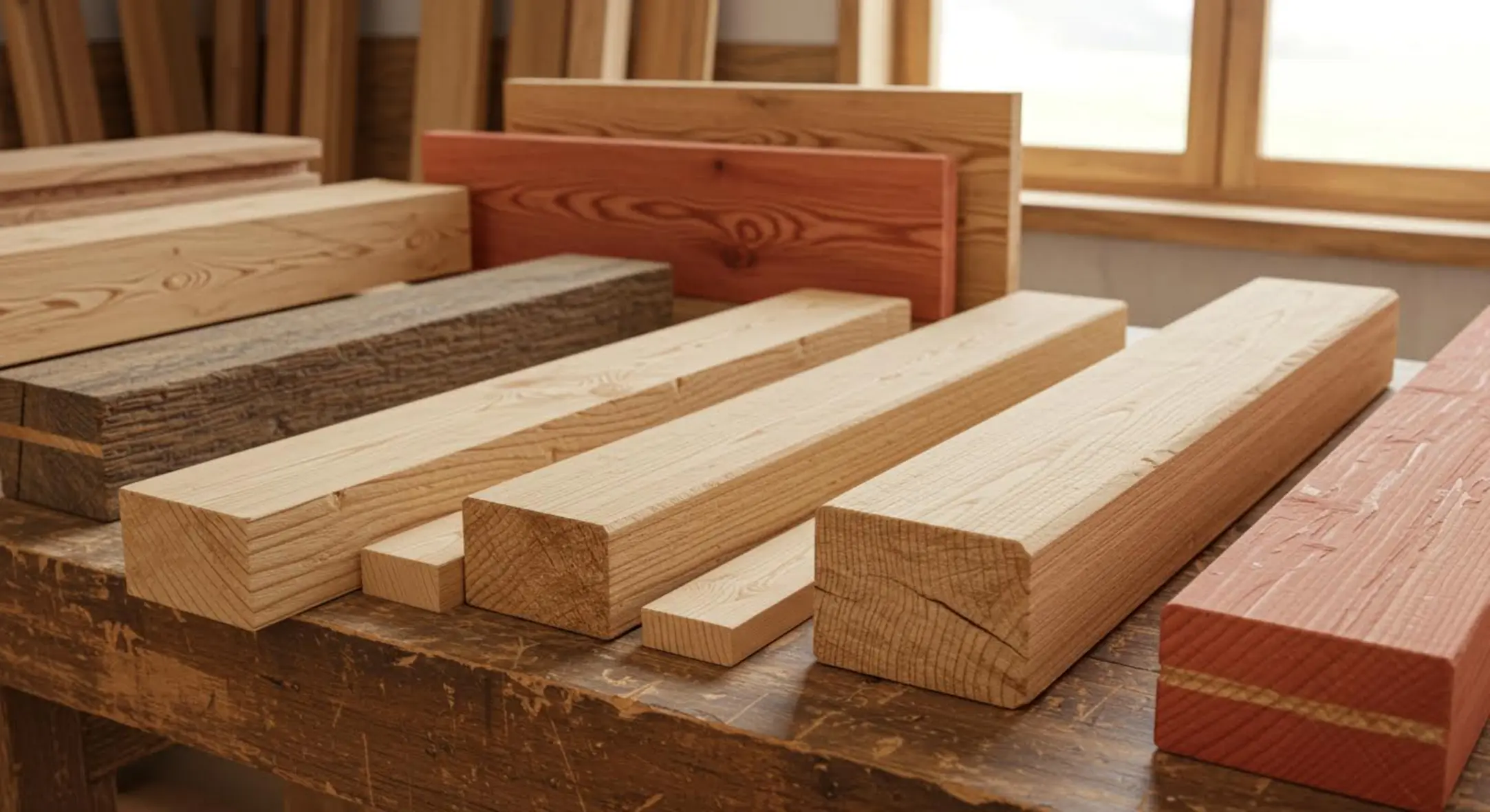 Atelier de menuiserie naturel avec échantillons de bois divers sur un établi