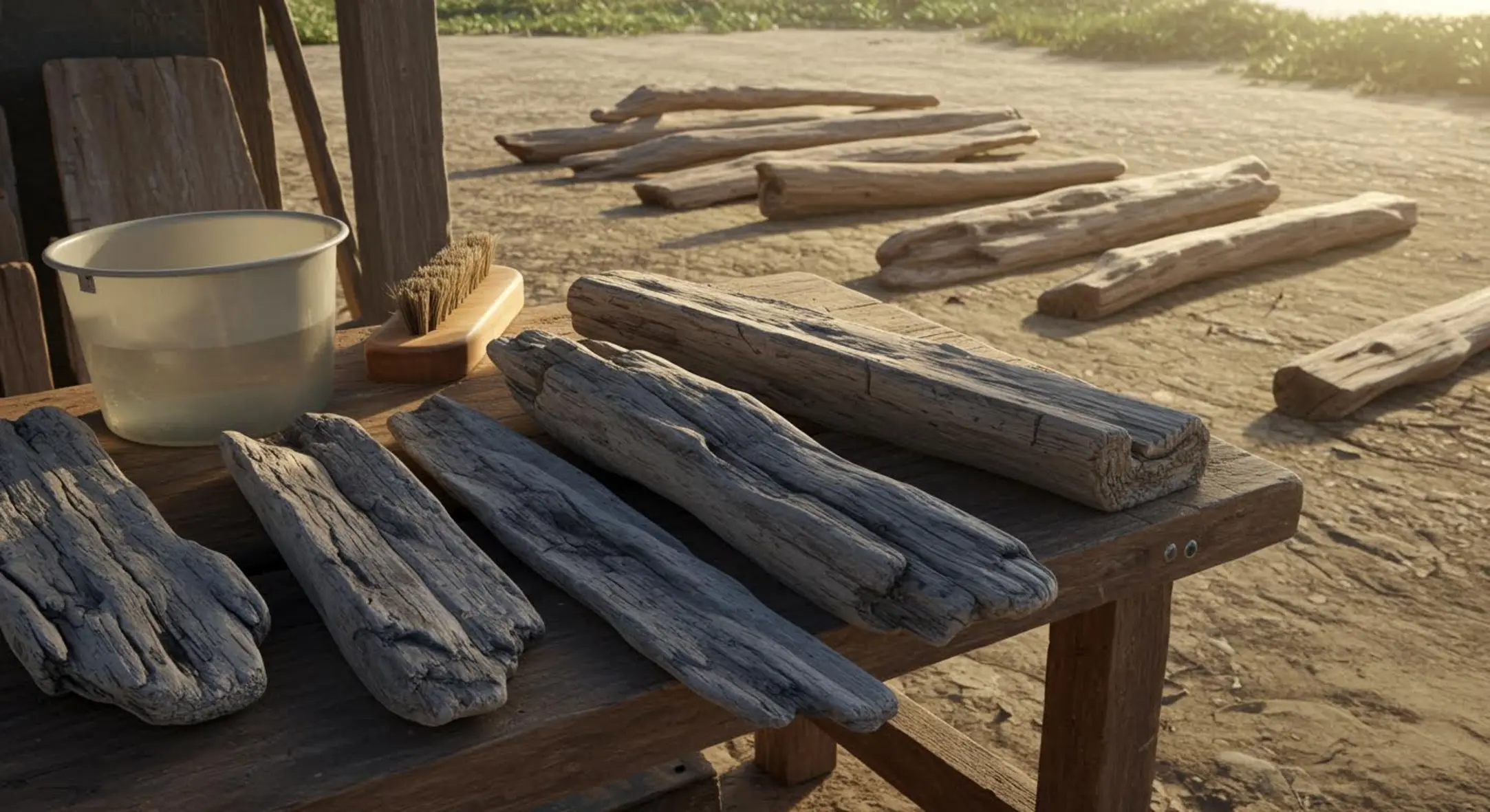 Banc de travail en bois avec pièces en cours de vieillissement et récipient d'eau