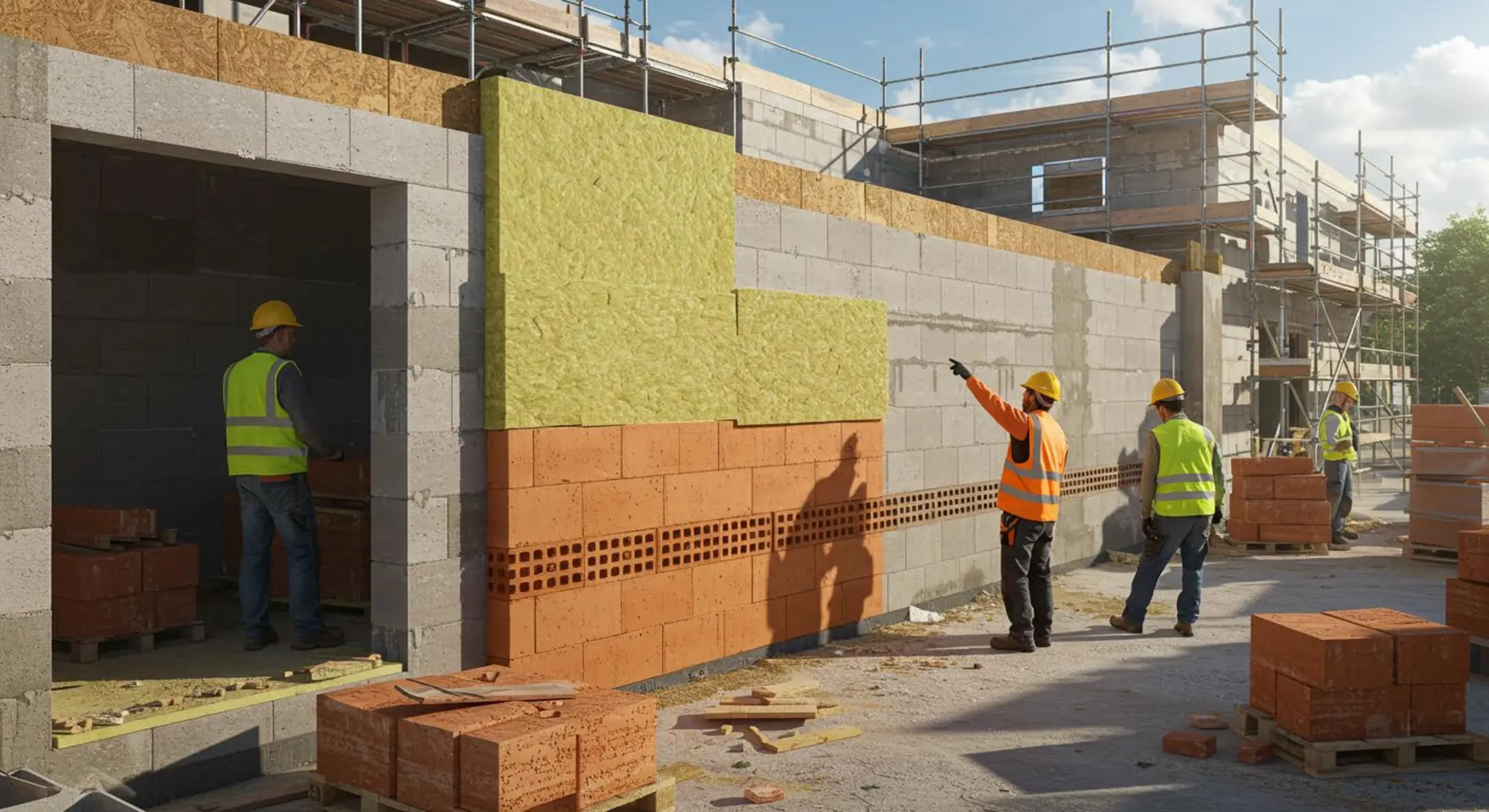 Chantier de construction inspectant un mur en matériaux écologiques et isolants.
