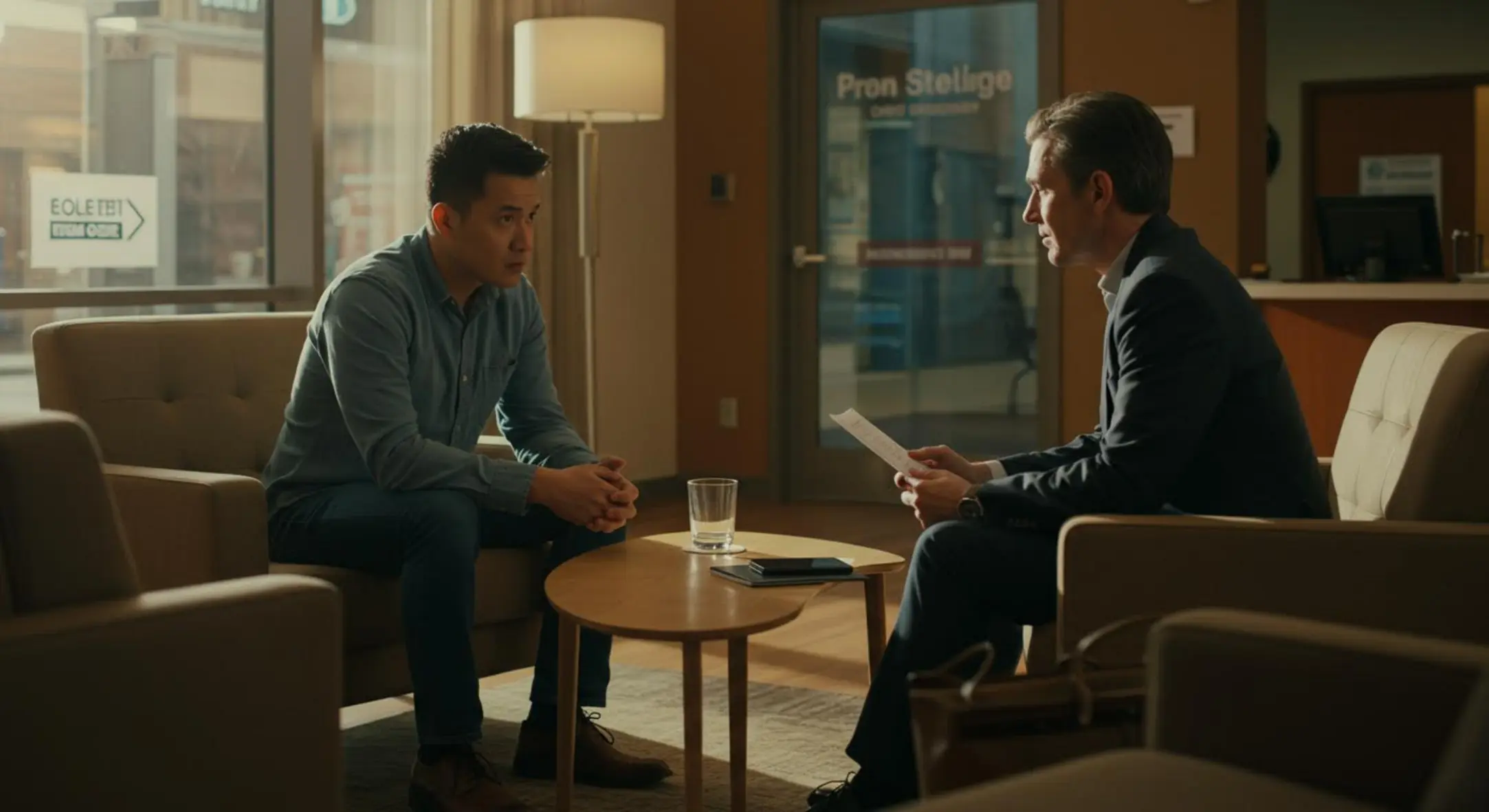 Deux personnes en discussion sérieuse dans un hall de banque moderne.