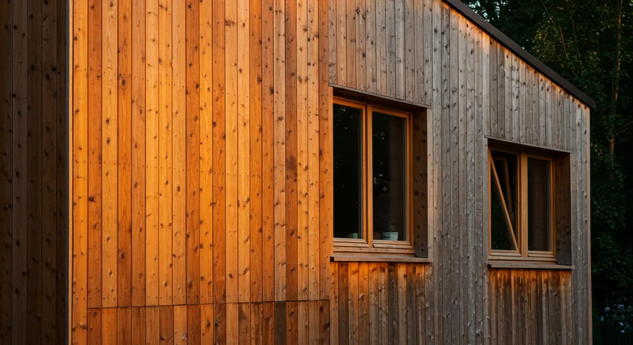 Façade en bois moderne dans un cadre naturel, éclairée par une lumière douce et chaude.