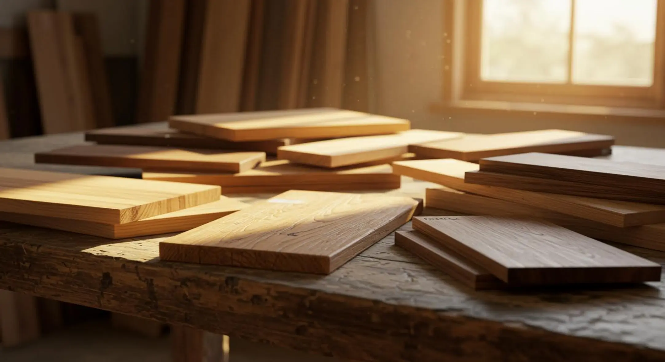 Échantillons de bois variés sur une table usée, éclairés par la lumière naturelle.