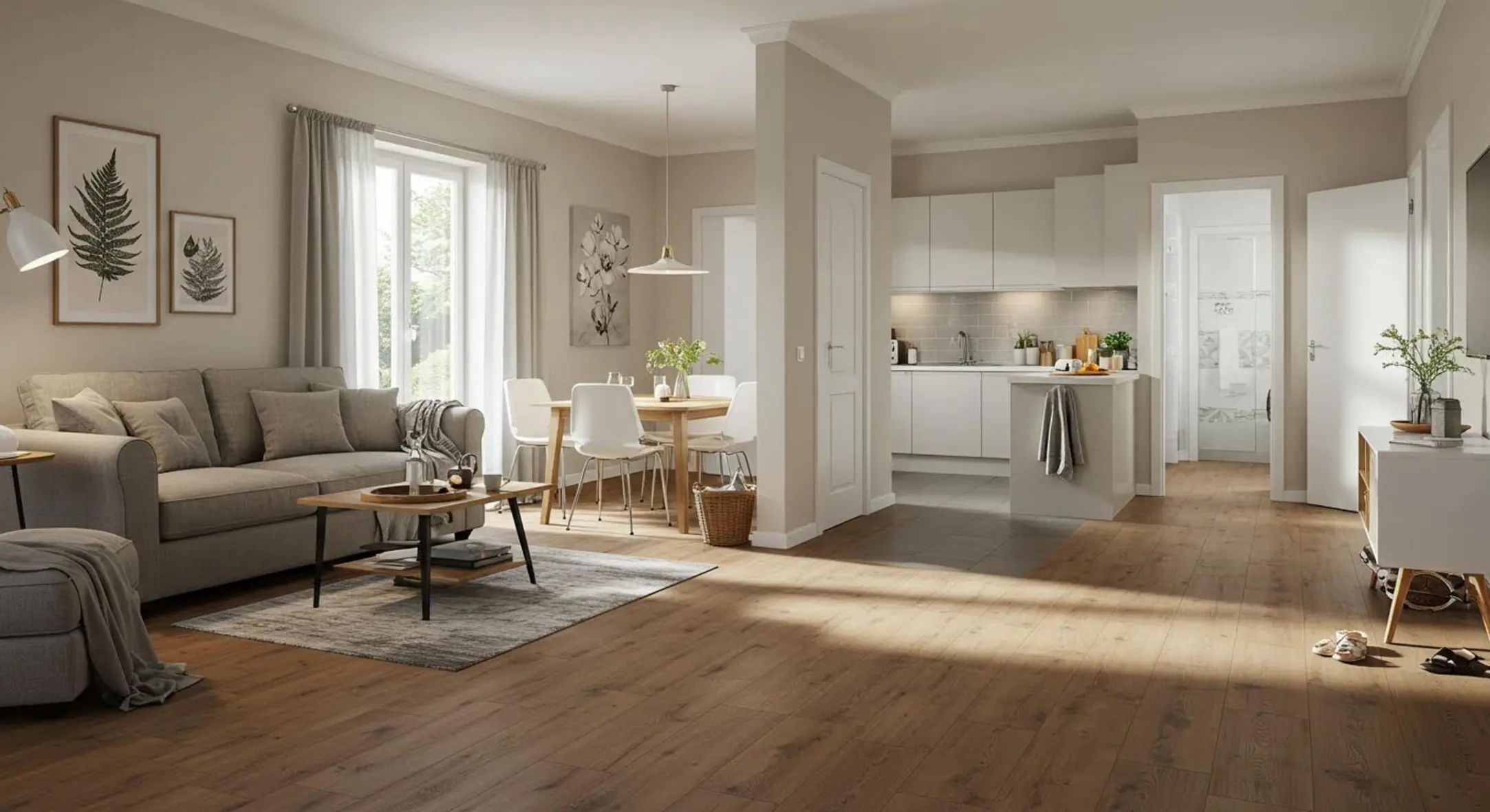 Intérieur moderne avec différents sols, meubles décontractés et éclairage naturel.