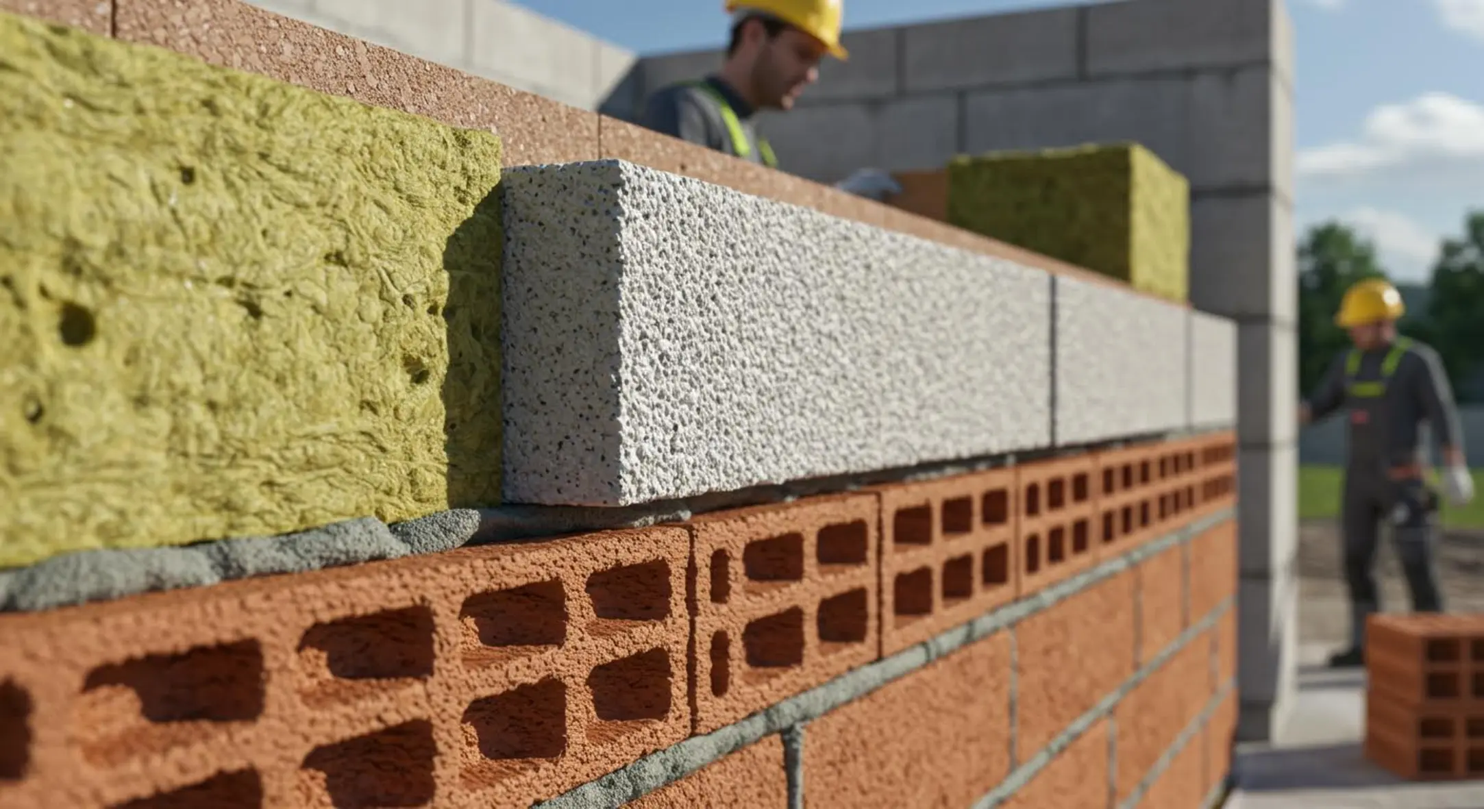 Détail de matériaux d'isolation sur un chantier avec ouvriers en action.