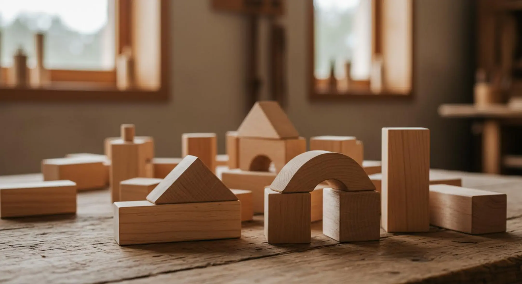 Blocs de construction en bois brut sur une table, éclairés par la lumière naturelle.