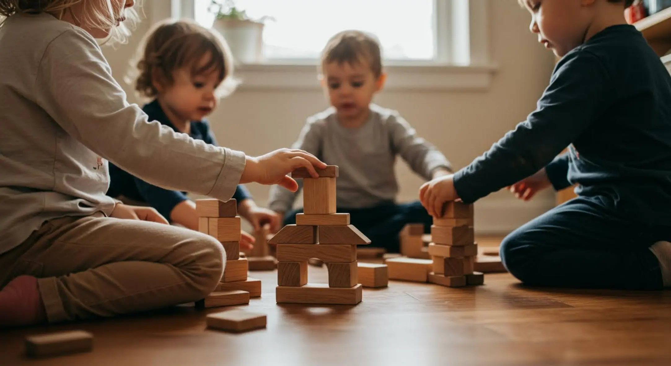 Enfants jouant avec des blocs de bois dans une pièce éclairée naturellement