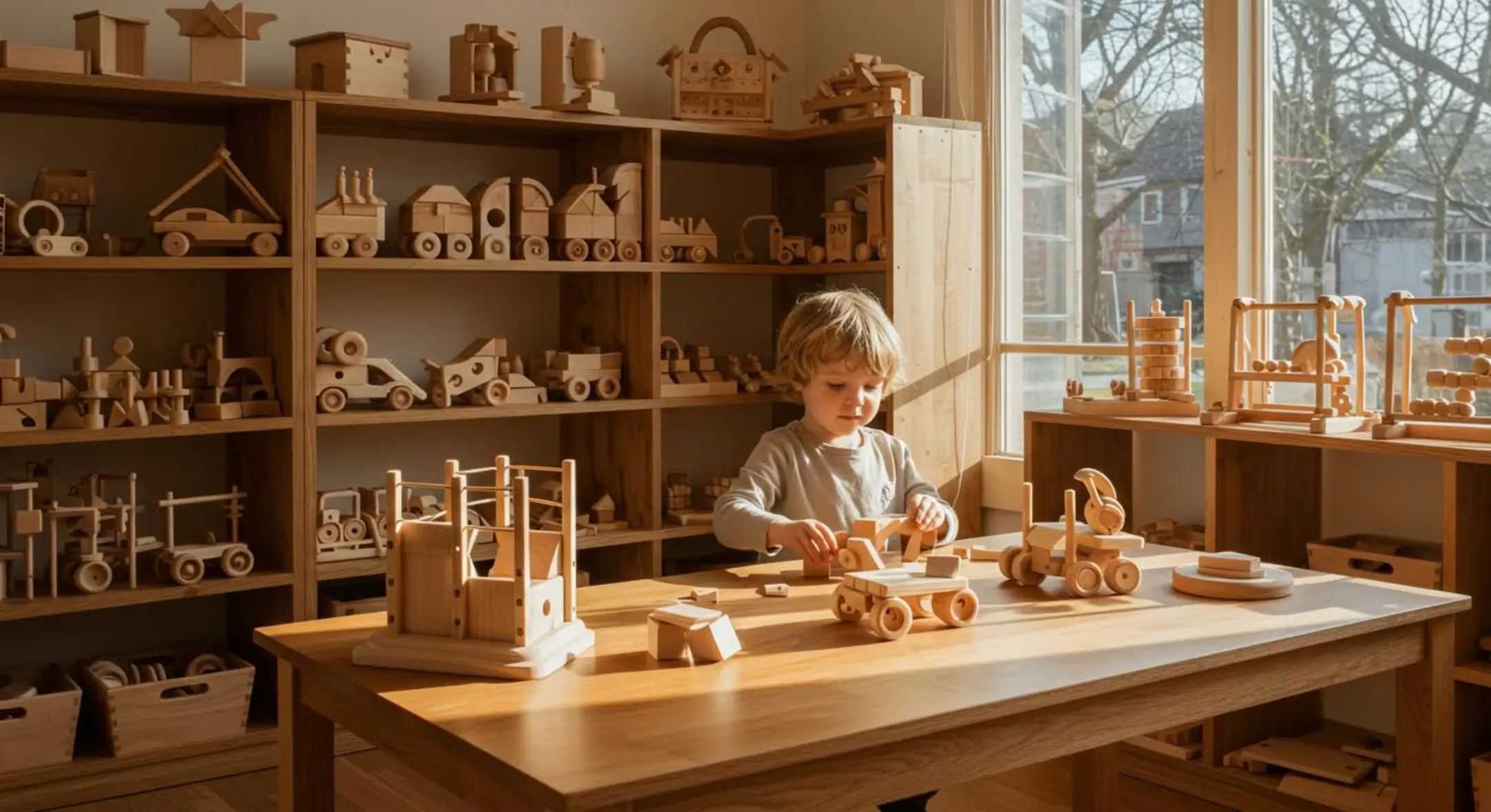 Enfant jouant avec des jouets en bois dans une boutique éco-responsable.