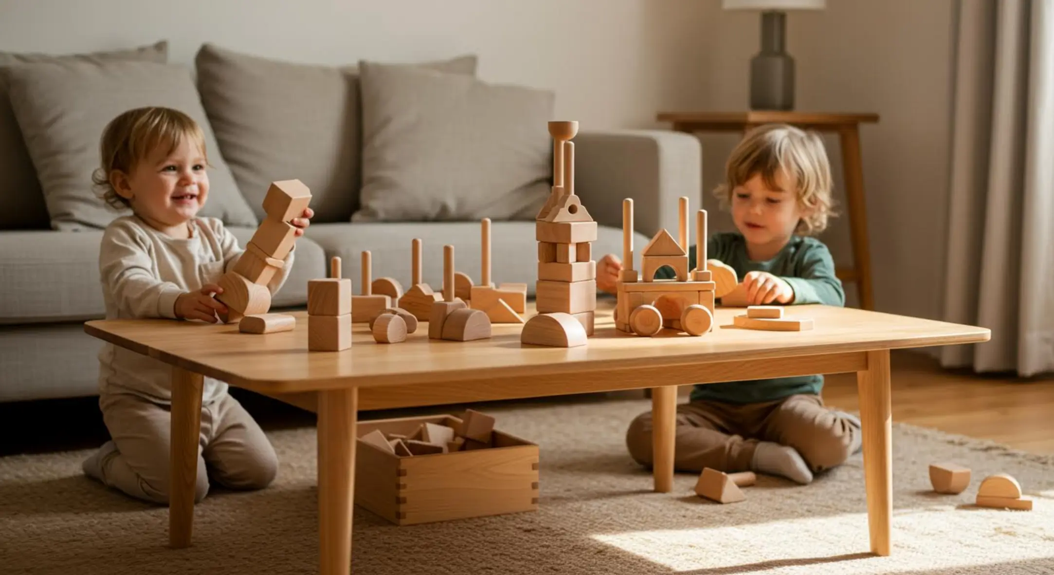 Salon lumineux avec enfants jouant avec des jouets en bois.