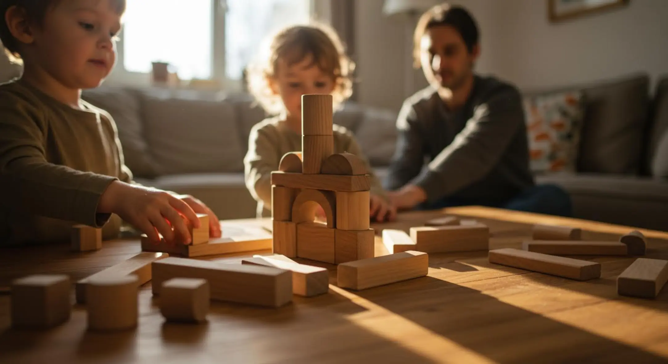 Enfant jouant avec des blocs en bois dans un salon ensoleillé, parent en arrière-plan.
