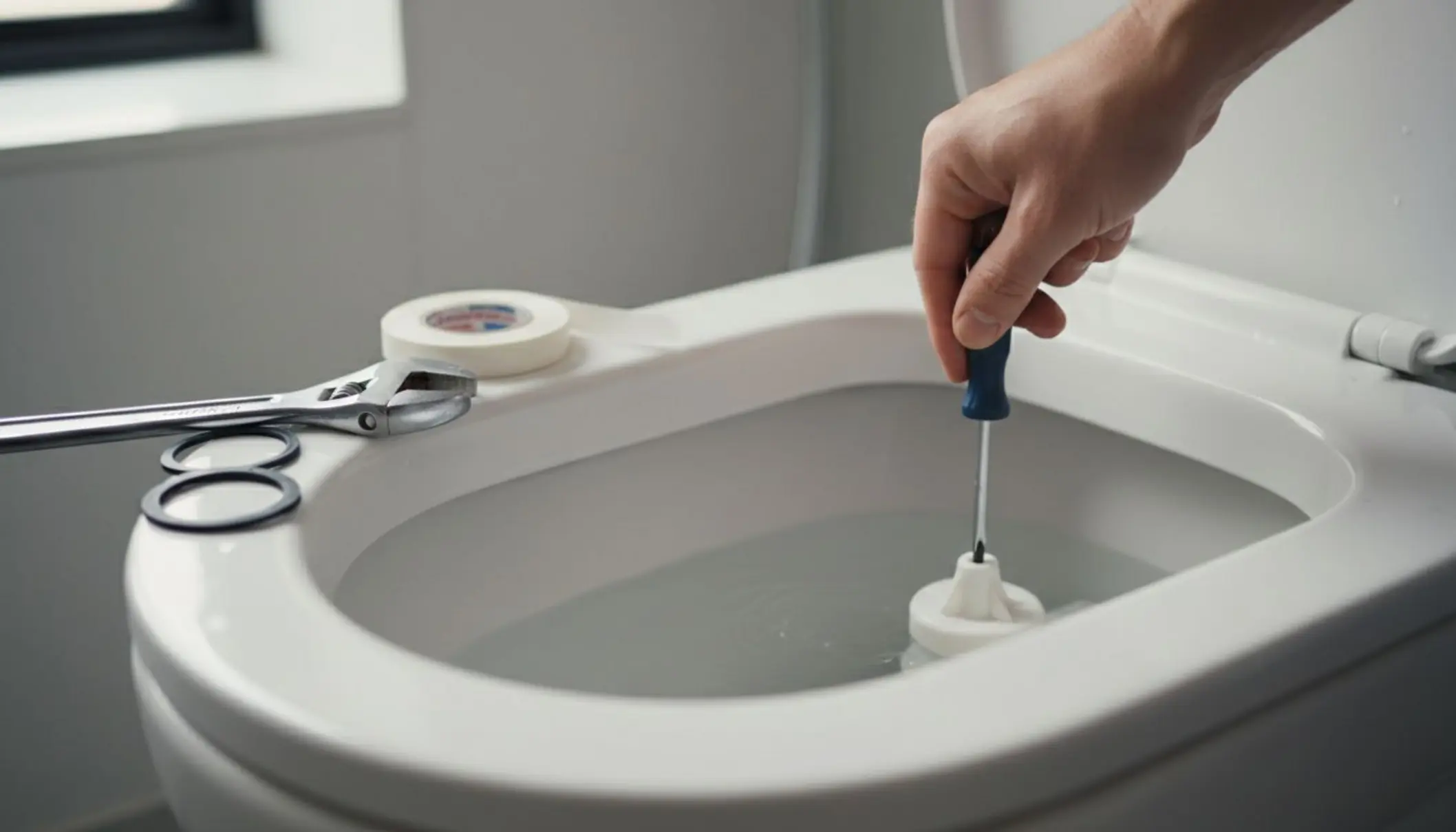 Photo en gros plan d’un réservoir de chasse d’eau ouvert, dans une salle de bain moderne lumineuse. Une main tient un tournevis et règle le flotteur tandis que quelques outils simples (clé à molette, rouleau de téflon, joints neufs) sont posés sur le bord de la cuvette. L’ambiance est claire et pédagogique, donnant l’impression d’un bricolage accessible à tout le monde. Photo en gros plan d’un réservoir de chasse d’eau ouvert, dans une salle de bain moderne lumineuse. Une main tient un tournevis et règle le flotteur tandis que quelques outils simples (clé à molette, rouleau de téflon, joints neufs) sont posés sur le bord de la cuvette. L’ambiance est claire et pédagogique, donnant l’impression d’un bricolage accessible à tout le monde.