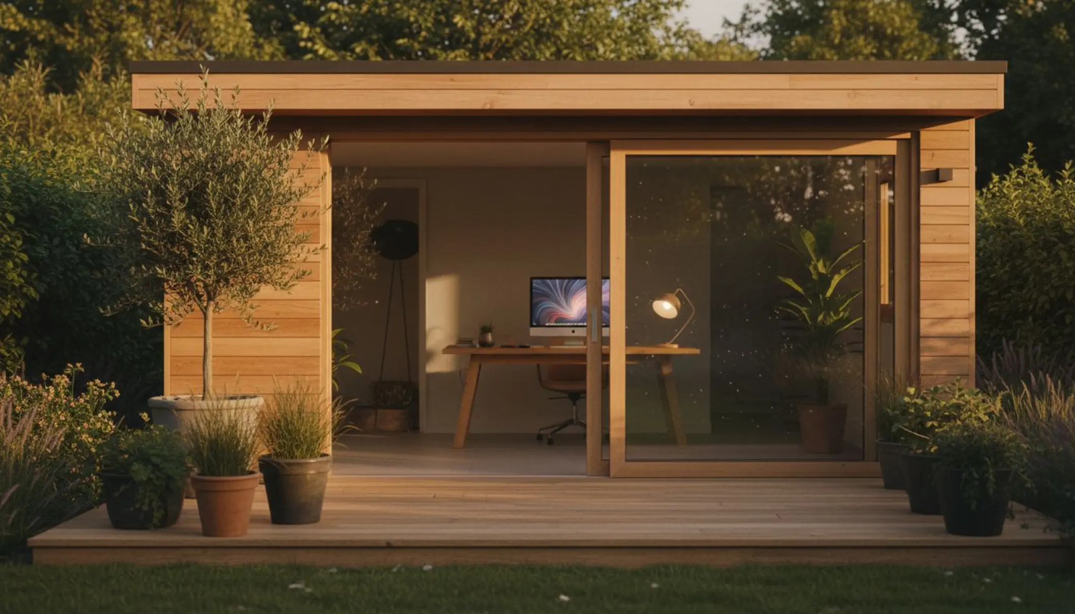 Photo en lumière dorée de fin de journée montrant un studio de jardin en ossature bois contemporain, grandes baies vitrées, bardage horizontal en mélèze, posé au fond d’un jardin paysagé avec une terrasse en bois, quelques plantes en pot et un bureau visible à l’intérieur avec un ordinateur allumé et une lampe design. Photo en lumière dorée de fin de journée montrant un studio de jardin en ossature bois contemporain, grandes baies vitrées, bardage horizontal en mélèze, posé au fond d’un jardin paysagé avec une terrasse en bois, quelques plantes en pot et un bureau visible à l’intérieur avec un ordinateur allumé et une lampe design.