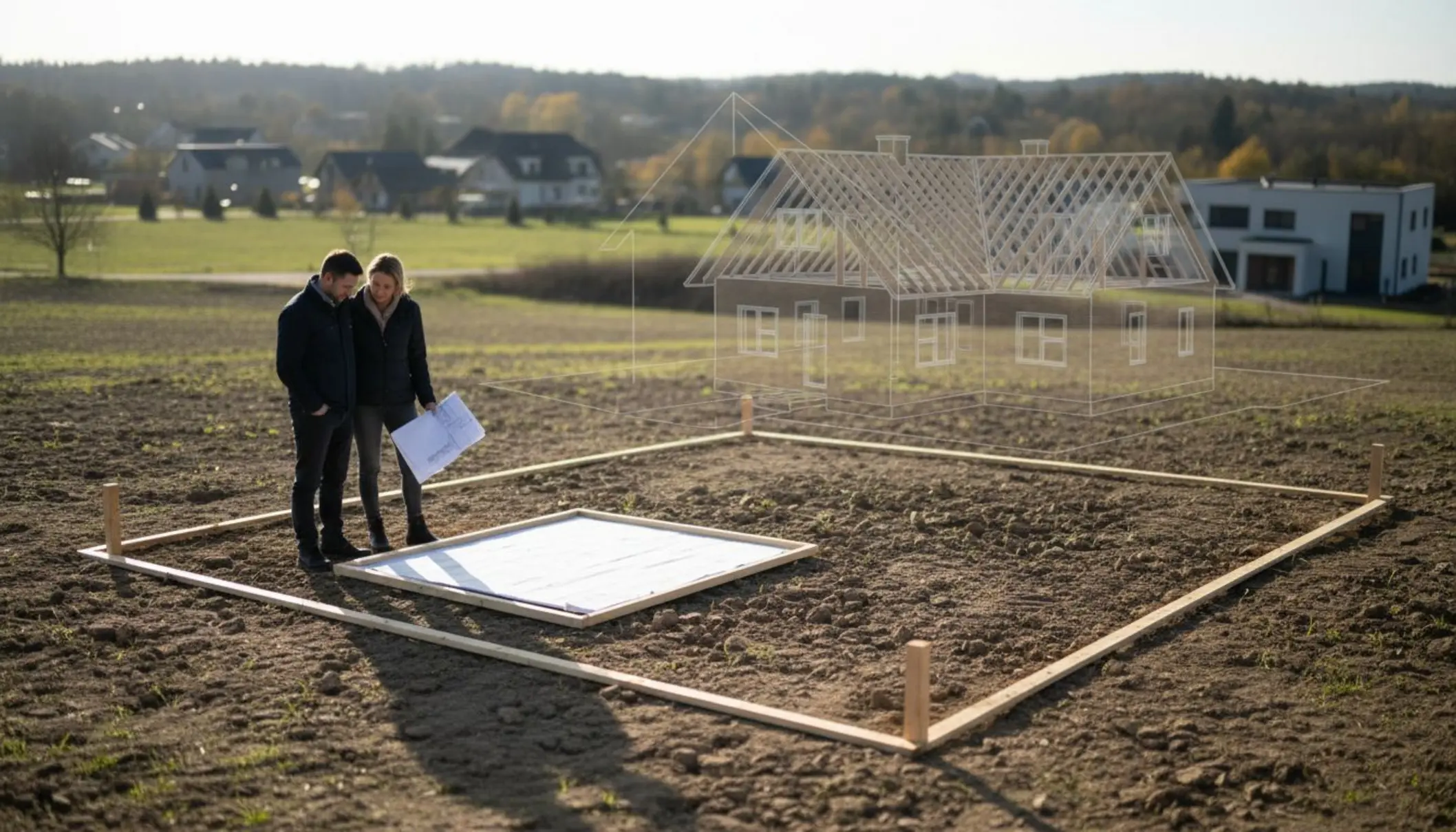 Photo lumineuse d’un couple sur un terrain nu, légèrement en pente, marqué par des piquets de bornage, avec des plans de maison en bois dépliés sur une tablette ou un panneau. À l’arrière-plan, un environnement semi-rural avec quelques arbres et des maisons contemporaines. Le soleil rasant met en valeur le relief du terrain et l’orientation. Un graphisme discret en surimpression montre le volume d’une future maison ossature bois, suggérant le projet en devenir. Photo lumineuse d’un couple sur un terrain nu, légèrement en pente, marqué par des piquets de bornage, avec des plans de maison en bois dépliés sur une tablette ou un panneau. À l’arrière-plan, un environnement semi-rural avec quelques arbres et des maisons contemporaines. Le soleil rasant met en valeur le relief du terrain et l’orientation. Un graphisme discret en surimpression montre le volume d’une future maison ossature bois, suggérant le projet en devenir.