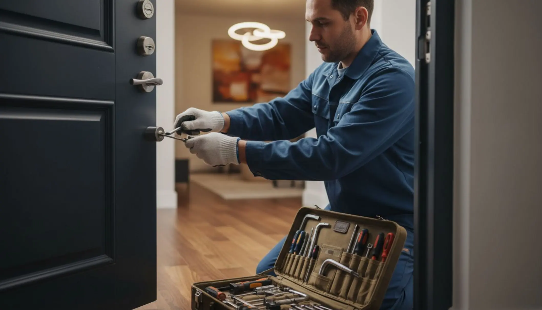 Photo en lumière naturelle d’un artisan serrurier identifiable comme professionnel, en tenue de travail propre, intervenant sur la serrure d’une porte d’entrée d’appartement. On voit clairement la porte blindée entrouverte, les outils de serrurerie posés dans une mallette ordonnée au sol, et la main du serrurier manipulant un cylindre de serrure. L’ambiance est rassurante et soignée, avec un intérieur de logement moderne en arrière-plan, pour inspirer confiance et sérieux. Photo en lumière naturelle d’un artisan serrurier identifiable comme professionnel, en tenue de travail propre, intervenant sur la serrure d’une porte d’entrée d’appartement. On voit clairement la porte blindée entrouverte, les outils de serrurerie posés dans une mallette ordonnée au sol, et la main du serrurier manipulant un cylindre de serrure. L’ambiance est rassurante et soignée, avec un intérieur de logement moderne en arrière-plan, pour inspirer confiance et sérieux.