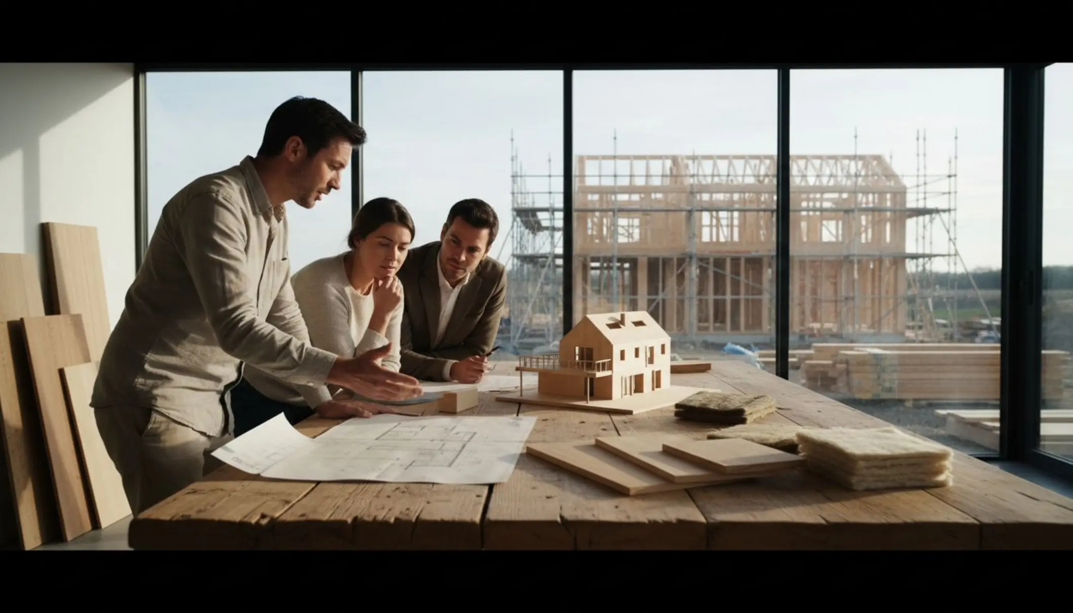 Photo lumineuse en format horizontal montrant un architecte et un couple de particuliers autour d’une grande table en bois. On voit des plans de maison bois, une maquette en bois clair et des échantillons de bardage et d’isolants biosourcés. En arrière-plan, une grande baie vitrée donne sur une maison à ossature bois en cours de construction. Photo lumineuse en format horizontal montrant un architecte et un couple de particuliers autour d’une grande table en bois. On voit des plans de maison bois, une maquette en bois clair et des échantillons de bardage et d’isolants biosourcés. En arrière-plan, une grande baie vitrée donne sur une maison à ossature bois en cours de construction.