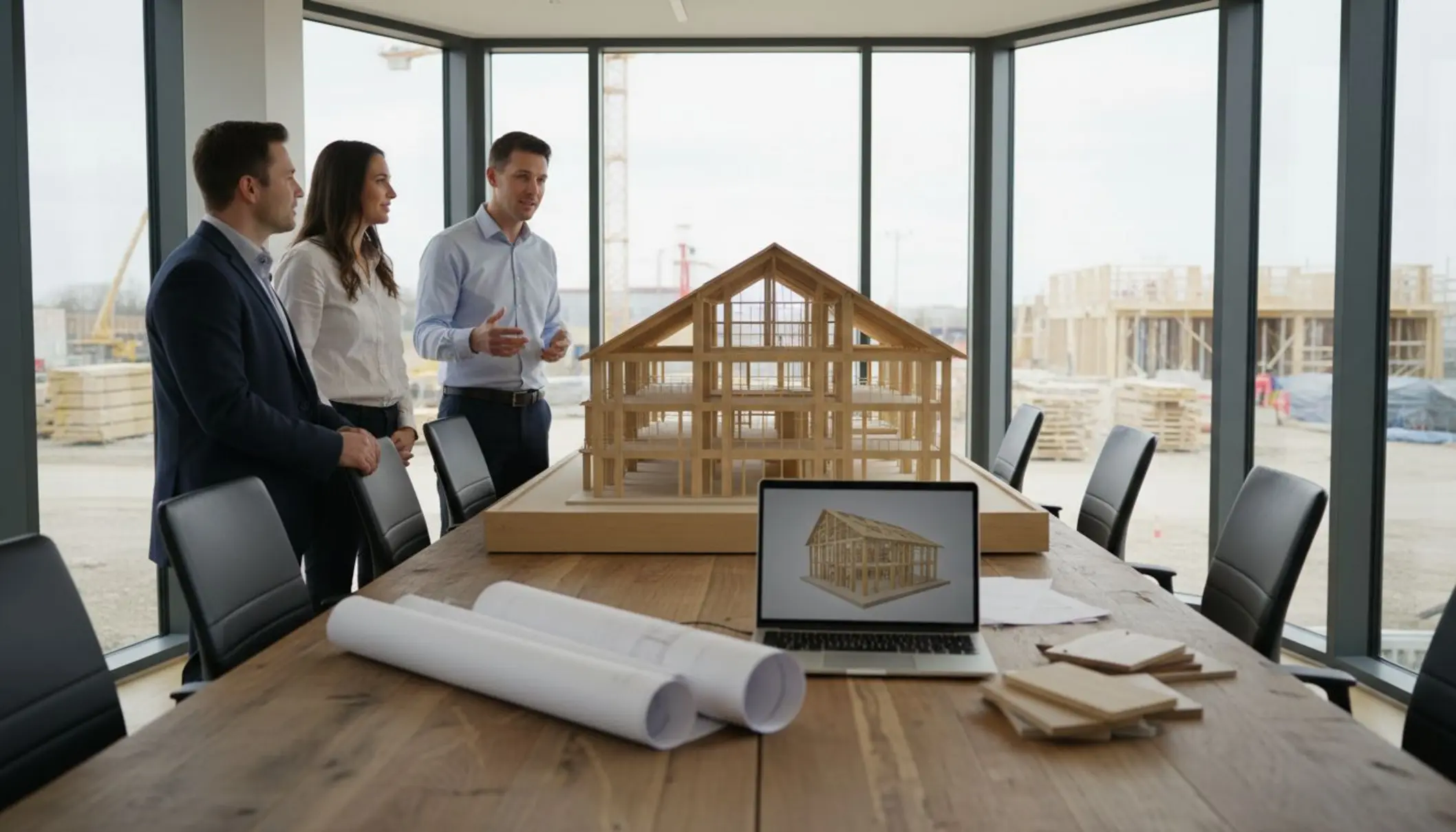 Photo lumineuse d’un couple devant une grande maquette en bois d’un futur immeuble ou d’une maison à ossature bois, dans le bureau moderne d’un promoteur. Sur la table, on voit des plans, un ordinateur ouvert sur une vue 3D et un nuancier de matériaux bois. Le promoteur, en chemise claire, explique le projet en montrant la maquette. L’ambiance est professionnelle et rassurante, avec de grandes baies vitrées donnant sur un chantier de construction propre et bien organisé.