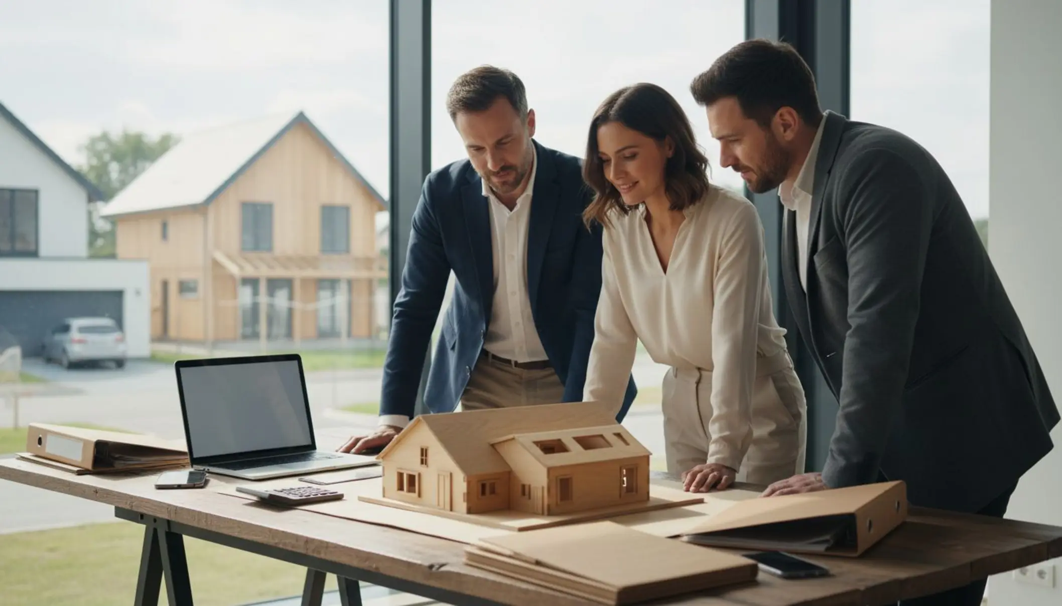 Photo lumineuse d’un couple et d’un conseiller immobilier penchés sur un plan de maison en bois posé sur une table, entourés de dossiers, calculatrice et ordinateur portable. En arrière-plan, une grande fenêtre laisse voir un quartier résidentiel avec des maisons contemporaines, dont une maison à ossature bois. L’ambiance est sérieuse mais positive, orientée décision et réflexion.