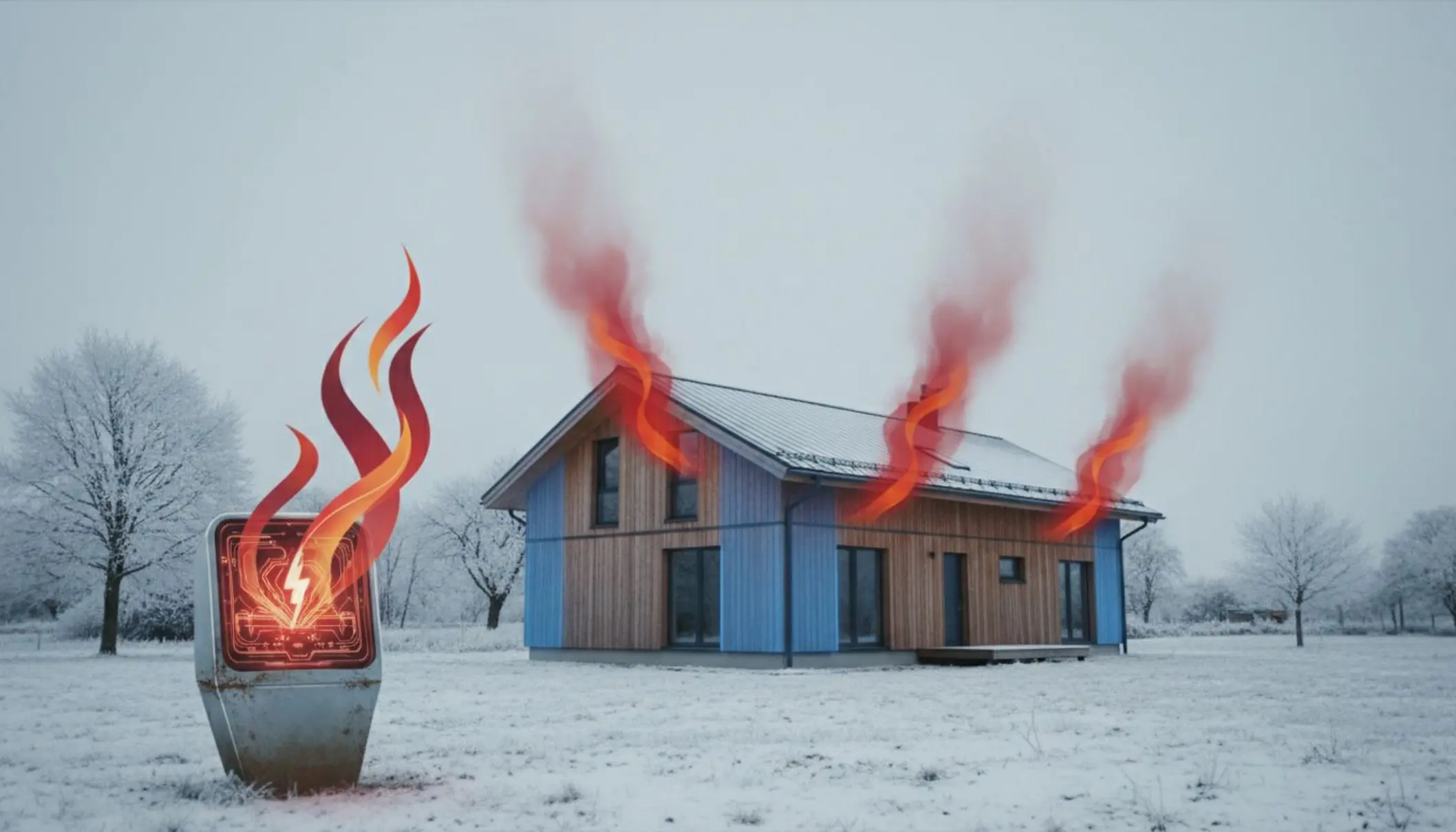 Photo en plan large d’une maison individuelle contemporaine en ossature bois vue en hiver, avec un ciel légèrement gris. Des effets graphiques en surimpression montrent la chaleur qui s’échappe du toit et des fenêtres sous forme de dégradés rouges et orange, tandis que les parois bien isolées restent en bleu. Au premier plan, un compteur d’énergie stylisé affiche une consommation élevée, suggérant les pertes liées à une mauvaise isolation. Photo en plan large d’une maison individuelle contemporaine en ossature bois vue en hiver, avec un ciel légèrement gris. Des effets graphiques en surimpression montrent la chaleur qui s’échappe du toit et des fenêtres sous forme de dégradés rouges et orange, tandis que les parois bien isolées restent en bleu. Au premier plan, un compteur d’énergie stylisé affiche une consommation élevée, suggérant les pertes liées à une mauvaise isolation.