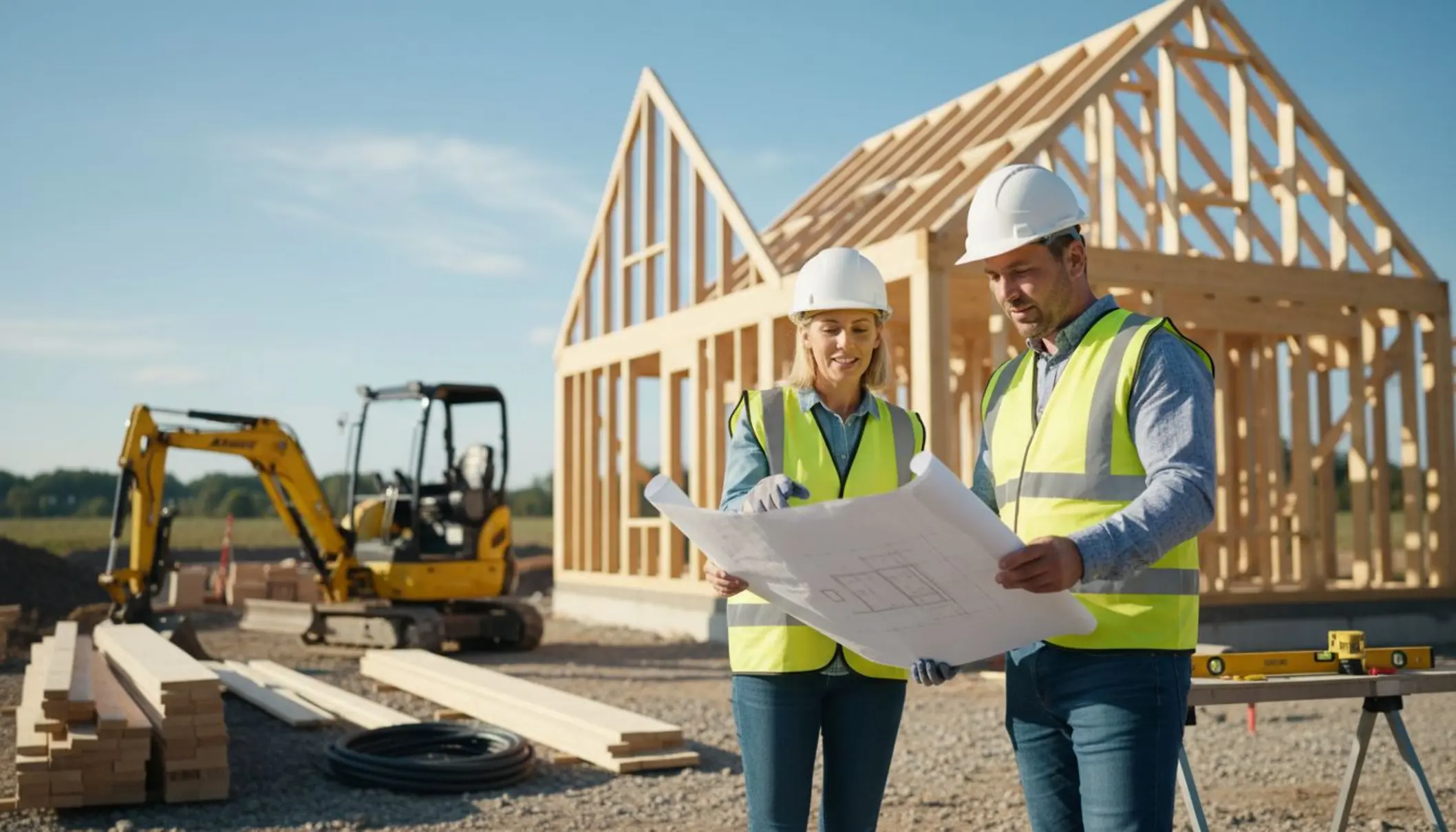 Photo lumineuse en extérieur : un couple examine des plans de maison avec un conducteur de travaux devant une ossature bois en cours de montage. On distingue le terrain, quelques équipements de chantier propres et rangés, les protagonistes portent des casques, ambiance professionnelle et rassurante. Photo lumineuse en extérieur : un couple examine des plans de maison avec un conducteur de travaux devant une ossature bois en cours de montage. On distingue le terrain, quelques équipements de chantier propres et rangés, les protagonistes portent des casques, ambiance professionnelle et rassurante.