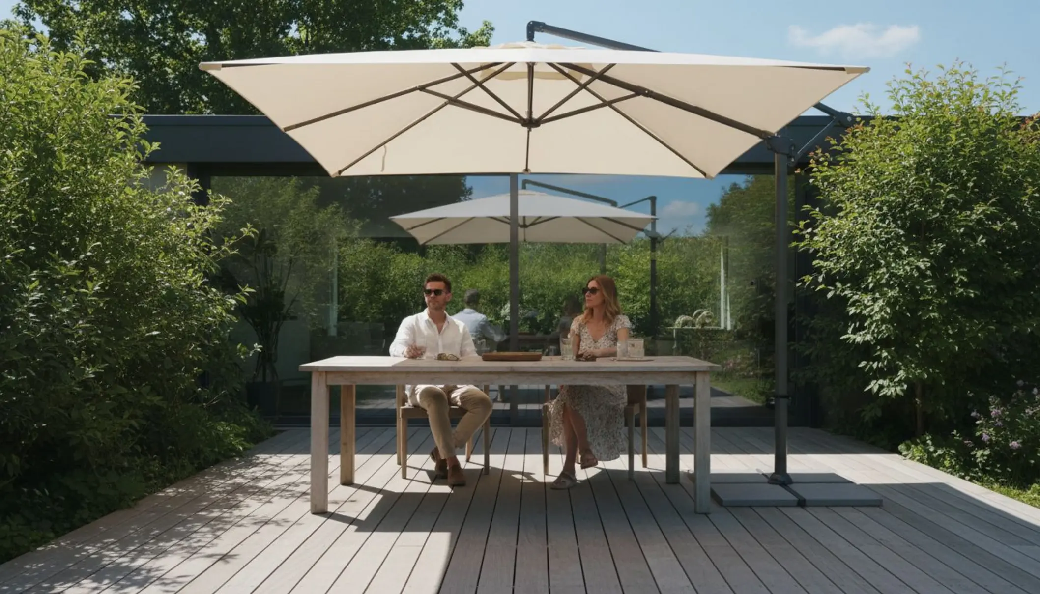 Photo lumineuse d’une grande terrasse en bois contemporain, bordée de végétation, équipée d’un parasol déporté de couleur claire créant une large zone d’ombre. Un couple est assis autour d’une table en bois sous le parasol, lunettes de soleil posées sur la table, avec des jeux d’ombres marqués sur les lames de terrasse. À l’arrière-plan, une baie vitrée reflète la scène et laisse voir un ciel bleu ensoleillé, suggérant une forte luminosité extérieure contrastant avec la zone ombragée et confortable.