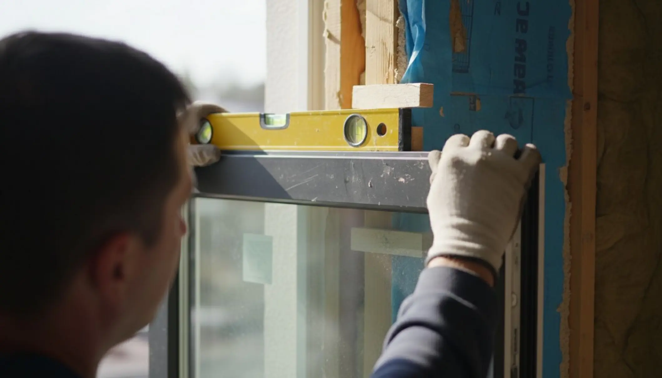 Photo en plan rapproché d’un artisan en train de poser une fenêtre moderne dans une maison, niveau à bulle posé sur le dormant, cales visibles, mur isolé et pare-vapeur apparent, lumière naturelle entrant par l’ouverture. Photo en plan rapproché d’un artisan en train de poser une fenêtre moderne dans une maison, niveau à bulle posé sur le dormant, cales visibles, mur isolé et pare-vapeur apparent, lumière naturelle entrant par l’ouverture.