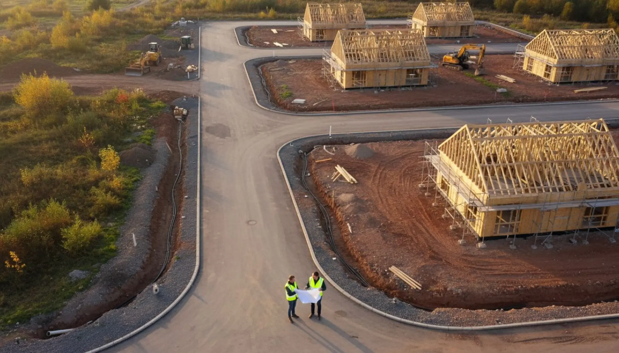 Photo aérienne en fin de journée d’un lotissement en cours d’aménagement, avec plusieurs parcelles viabilisées bien dessinées, certaines déjà occupées par des maisons à ossature bois en construction. On voit clairement les voiries neuves, les réseaux en tranchées, quelques engins de chantier, et au premier plan un couple en gilet fluo discutant avec un aménageur foncier qui tient un plan de masse. La lumière chaude met en valeur le bois des façades et la végétation périphérique pour évoquer un projet durable et bien pensé. Photo aérienne en fin de journée d’un lotissement en cours d’aménagement, avec plusieurs parcelles viabilisées bien dessinées, certaines déjà occupées par des maisons à ossature bois en construction. On voit clairement les voiries neuves, les réseaux en tranchées, quelques engins de chantier, et au premier plan un couple en gilet fluo discutant avec un aménageur foncier qui tient un plan de masse. La lumière chaude met en valeur le bois des façades et la végétation périphérique pour évoquer un projet durable et bien pensé.