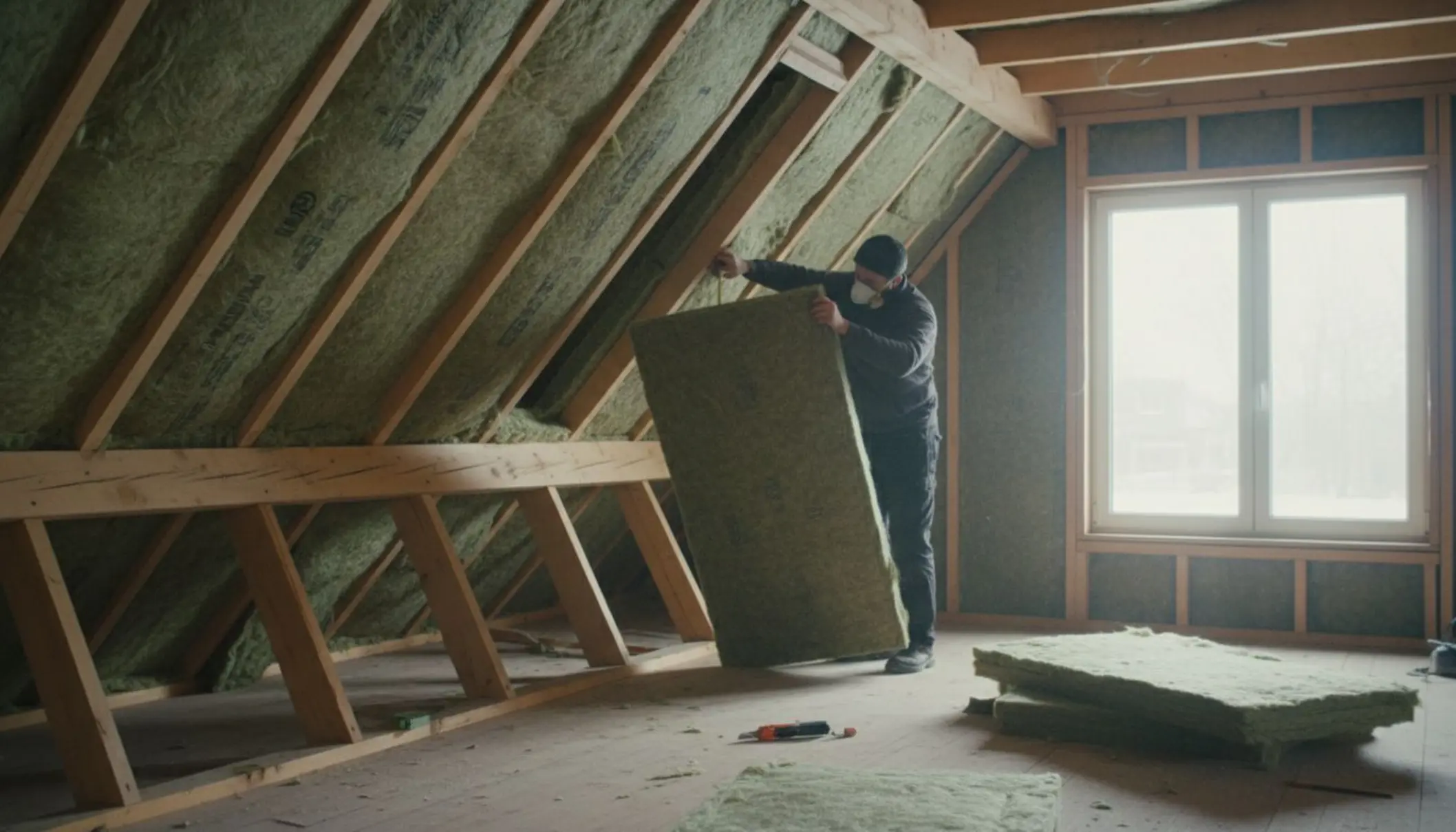 Photo lumineuse de l’intérieur d’une maison en rénovation : un comble aménagé avec une charpente bois apparente, de la laine isolante biosourcée en cours de pose entre les chevrons, un artisan équipé d’un masque et d’un mètre ruban en train d’ajuster un panneau isolant, avec à l’arrière-plan une fenêtre laissant entrer une lumière douce d’hiver.